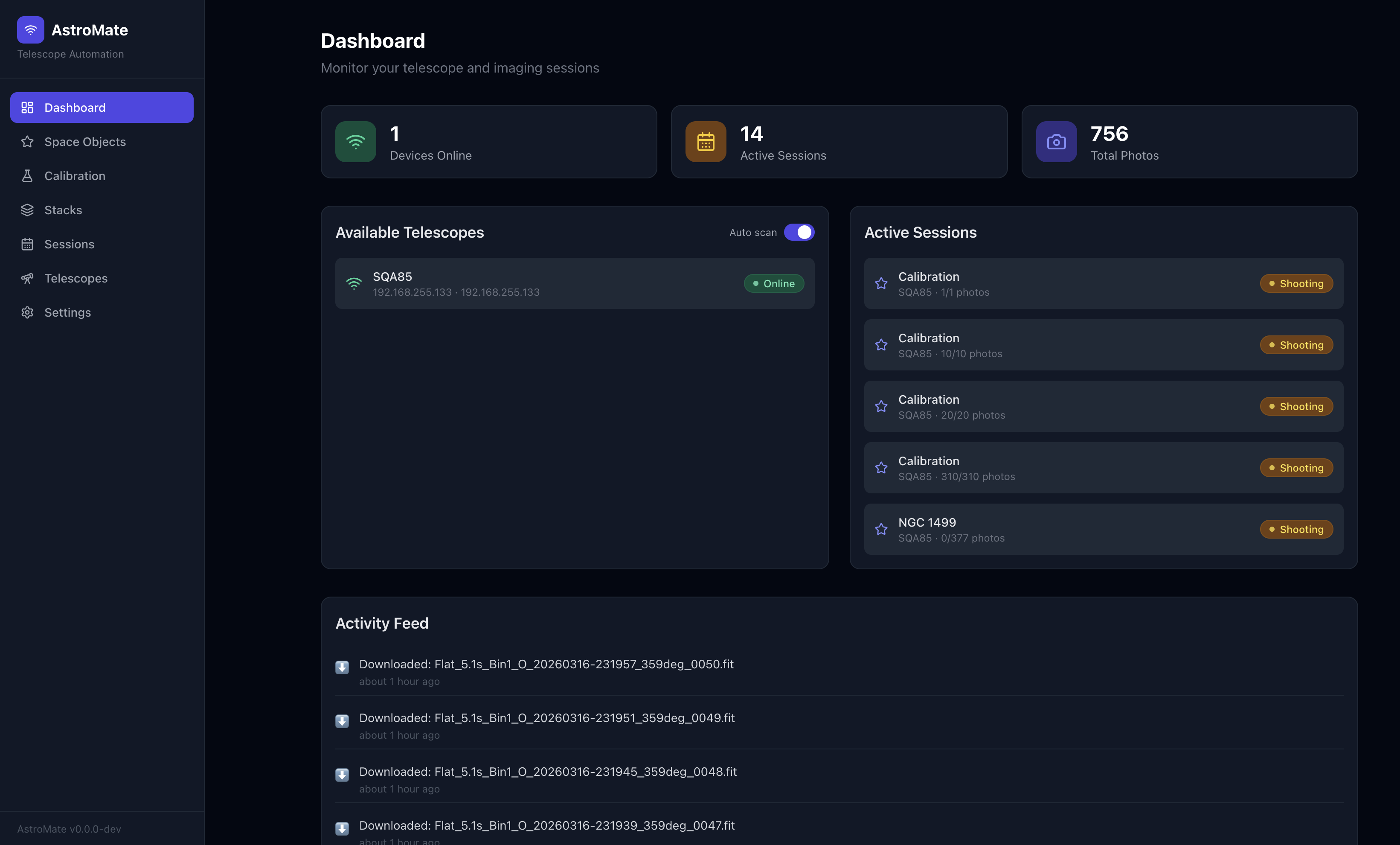 AstroMate session dashboard