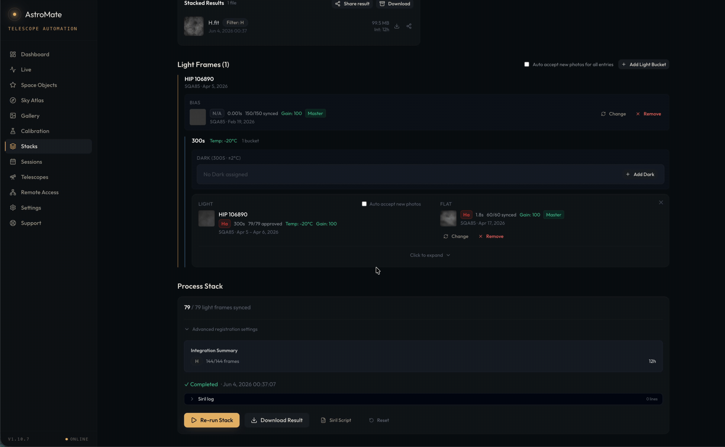 Calibrating, registering and integrating a stack in one click